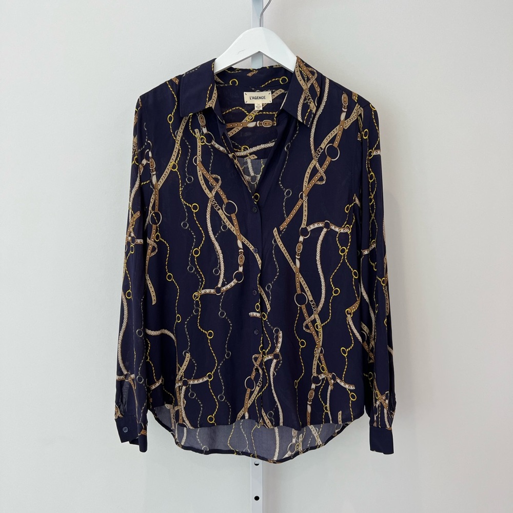 L’AGENCE BLUE EQUESTRIAN STRAP PRINT SHIRT SIZE LARGE NWOTS!